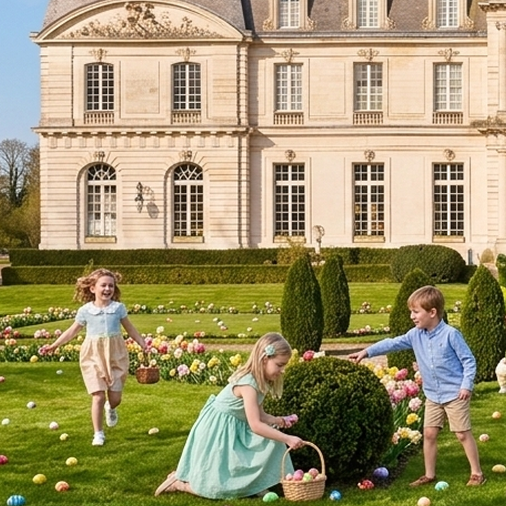 Enfants jouant près d'un château.