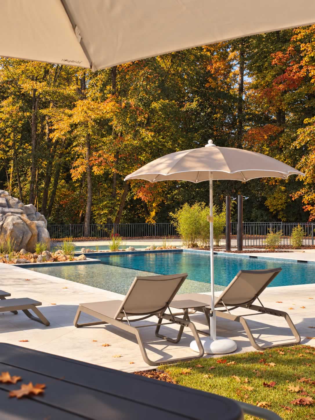 Piscine avec transats et parasol devant une forêt en automne