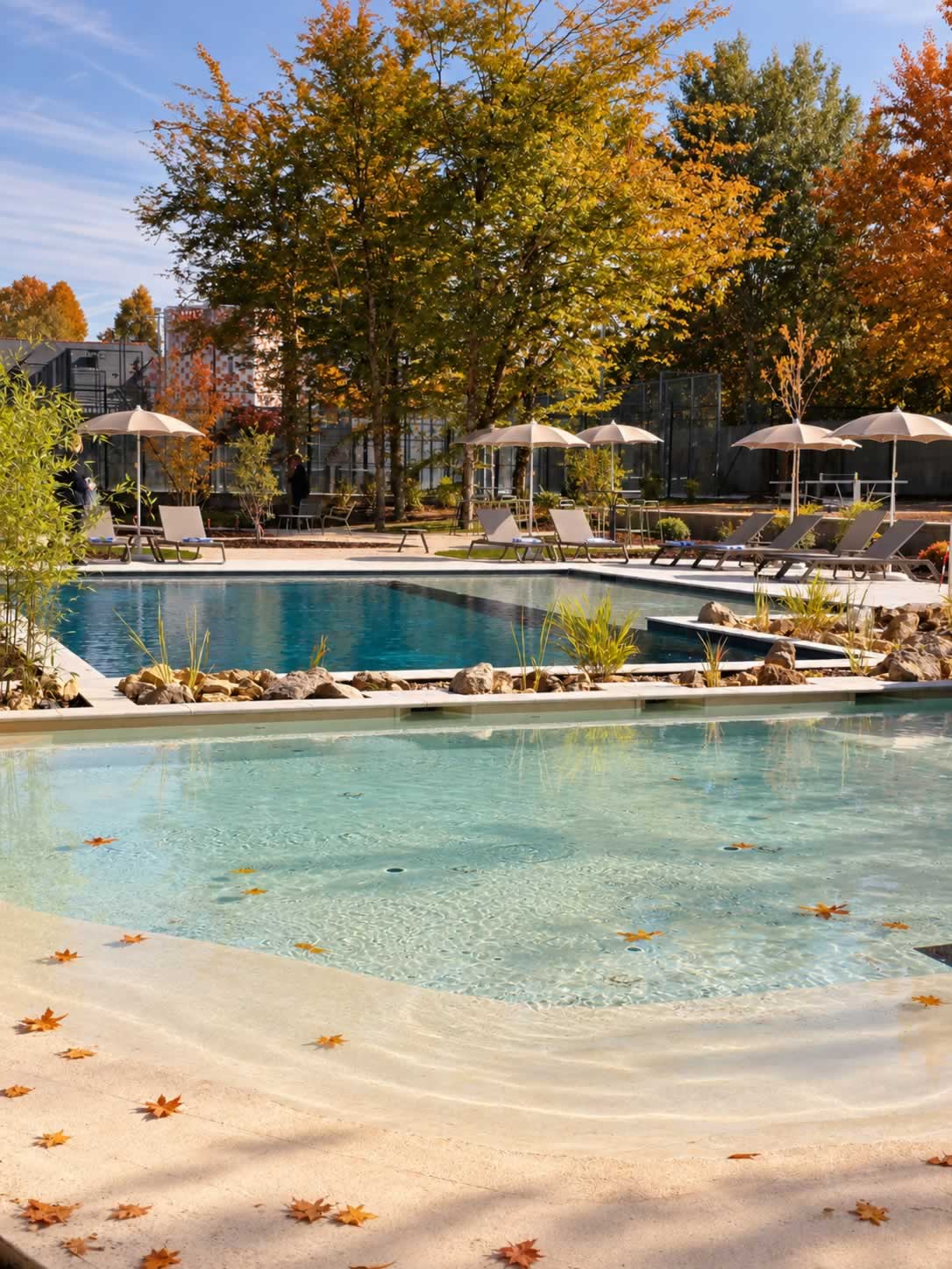 Piscine extérieure entourée d'arbres aux couleurs d'automne.