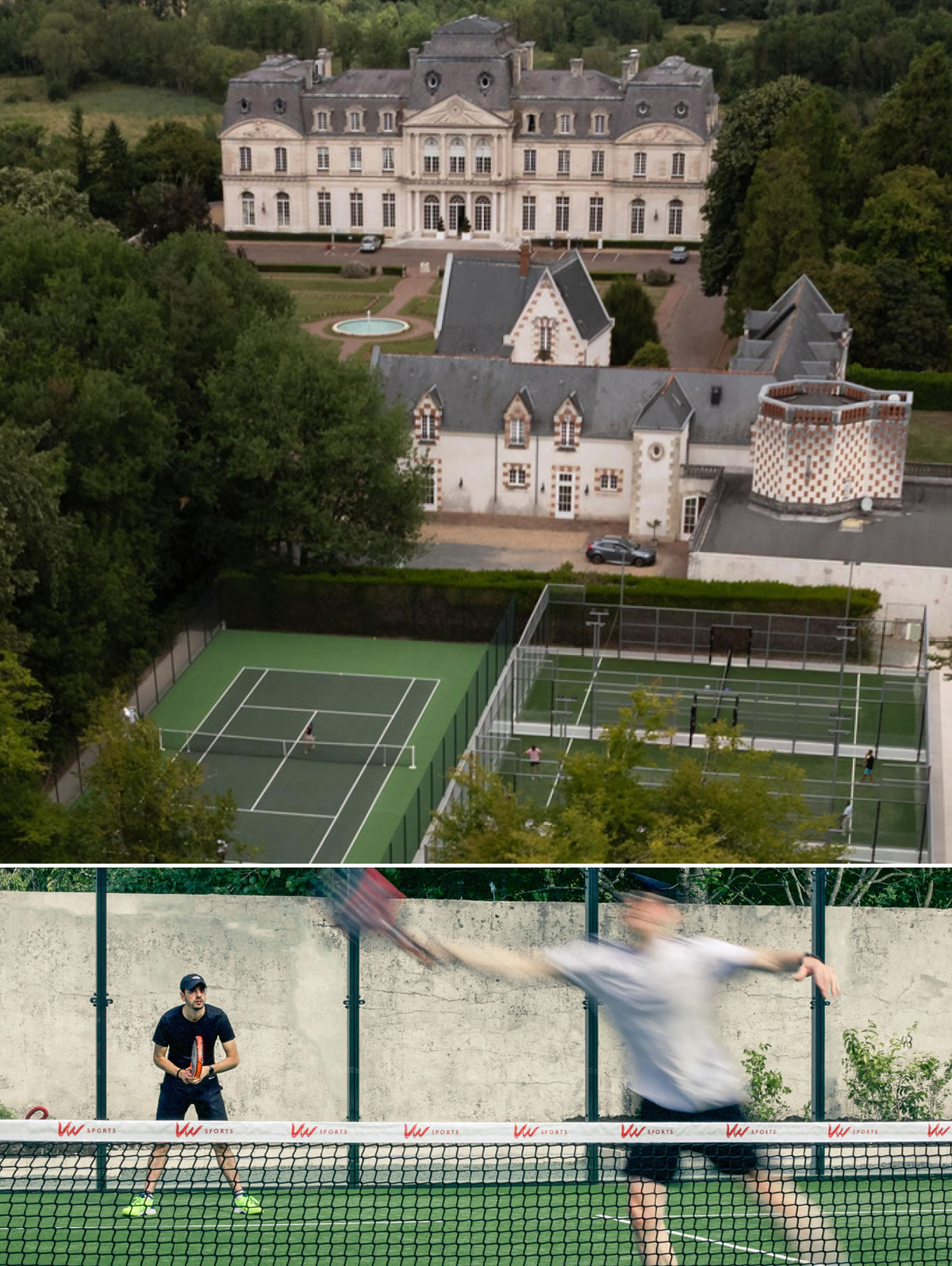 stage padel Château entouré de terrains de tennis, joueurs en action.