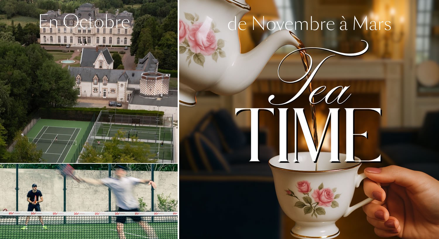 Manoir, terrains de tennis, service de thé élégant.