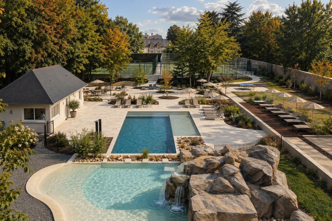 Complexe piscine, cascade, courts de tennis et jardin luxueux.